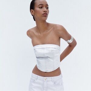 NWOT Zara Silver White Metallic Denim Bustier Crop Top Size Large
